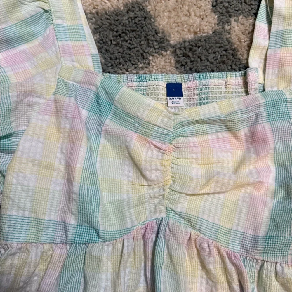 OLD NAVY NWT New With Tags Puff Sleeve Smocked Seersucker Babydoll Swing Blouse